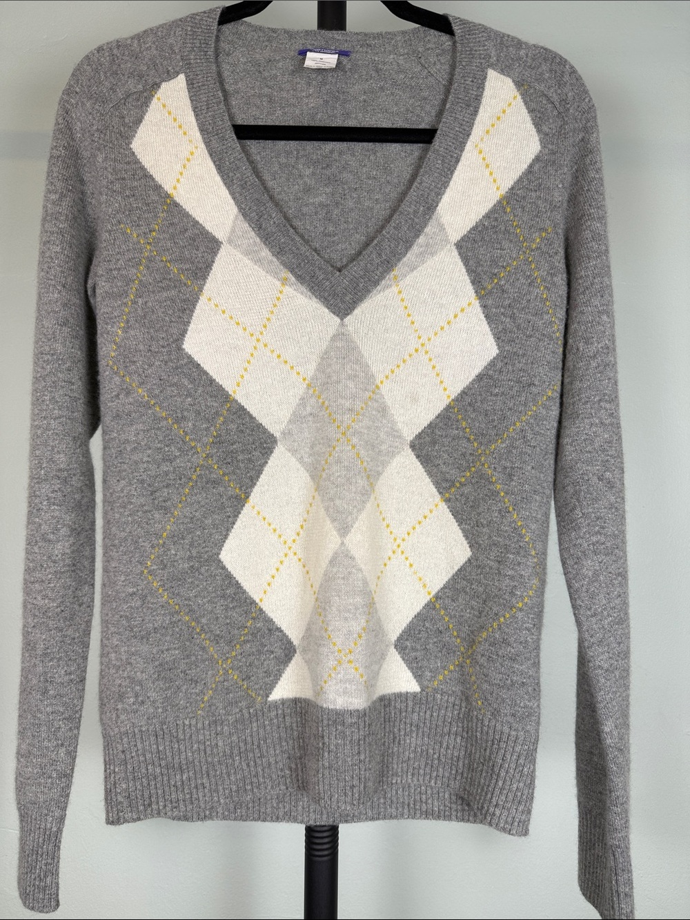 J. Crew Cashmere Gray V-Neck Argyle Sweater with Ivory and Yellow Accents Medium